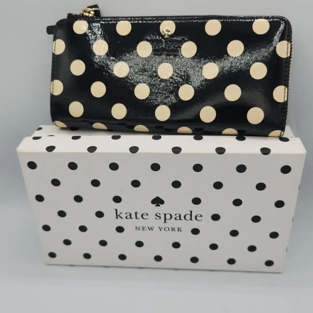 Kate Spade charming dot black and cream zip around wallet with gift box